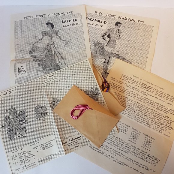 Vintage Petit Point Patterns Rose Jewelry Pins and Earrings and Spanish Dancers - Picture 2 of 8